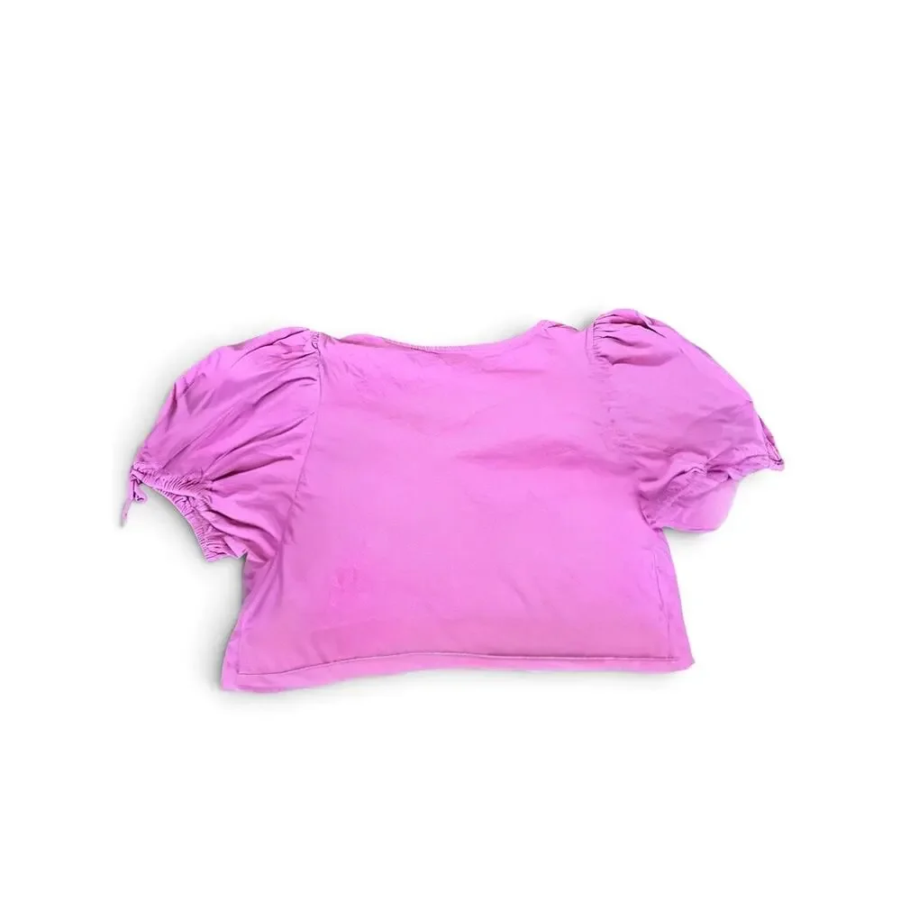 Free People Kitty Tee Velvet Rose Pink Tie Front Puff Sleeve Crop Top L